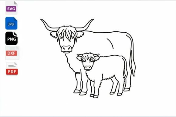 Highland Cow Mom and Calf Line Art SVG for Crafts and Graphics