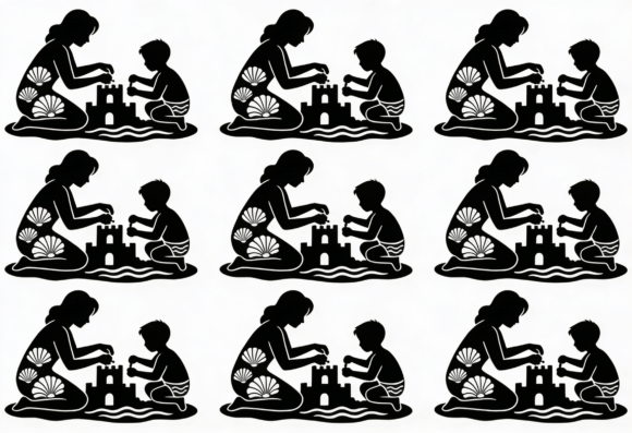 Mom and Child Sandcastle Silhouette SVG for Crafts and Graphics