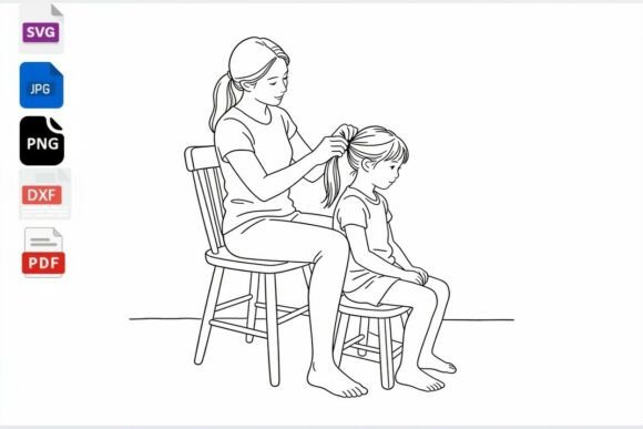 Mom Brushing Daughter Hair Line Art SVG for Crafts and Graphics