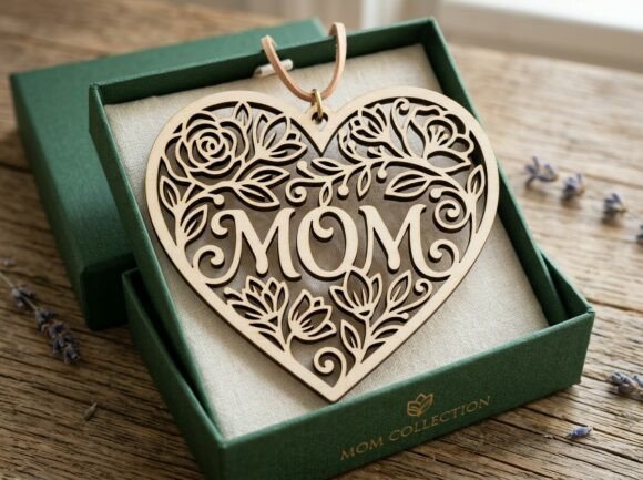 Mom Floral Heart Pendant Laser Cut Design for Crafts and Graphics
