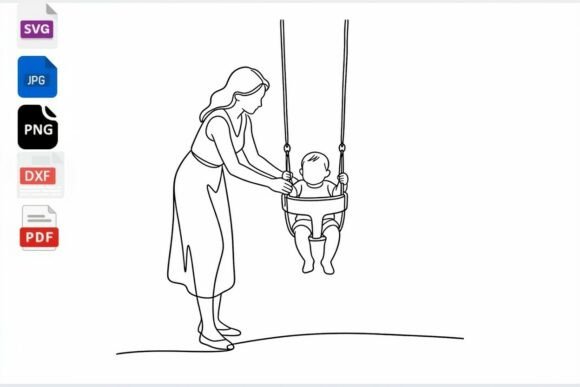 Mom Pushing Baby on Swing Line Art SVG for Website and Editorial Use